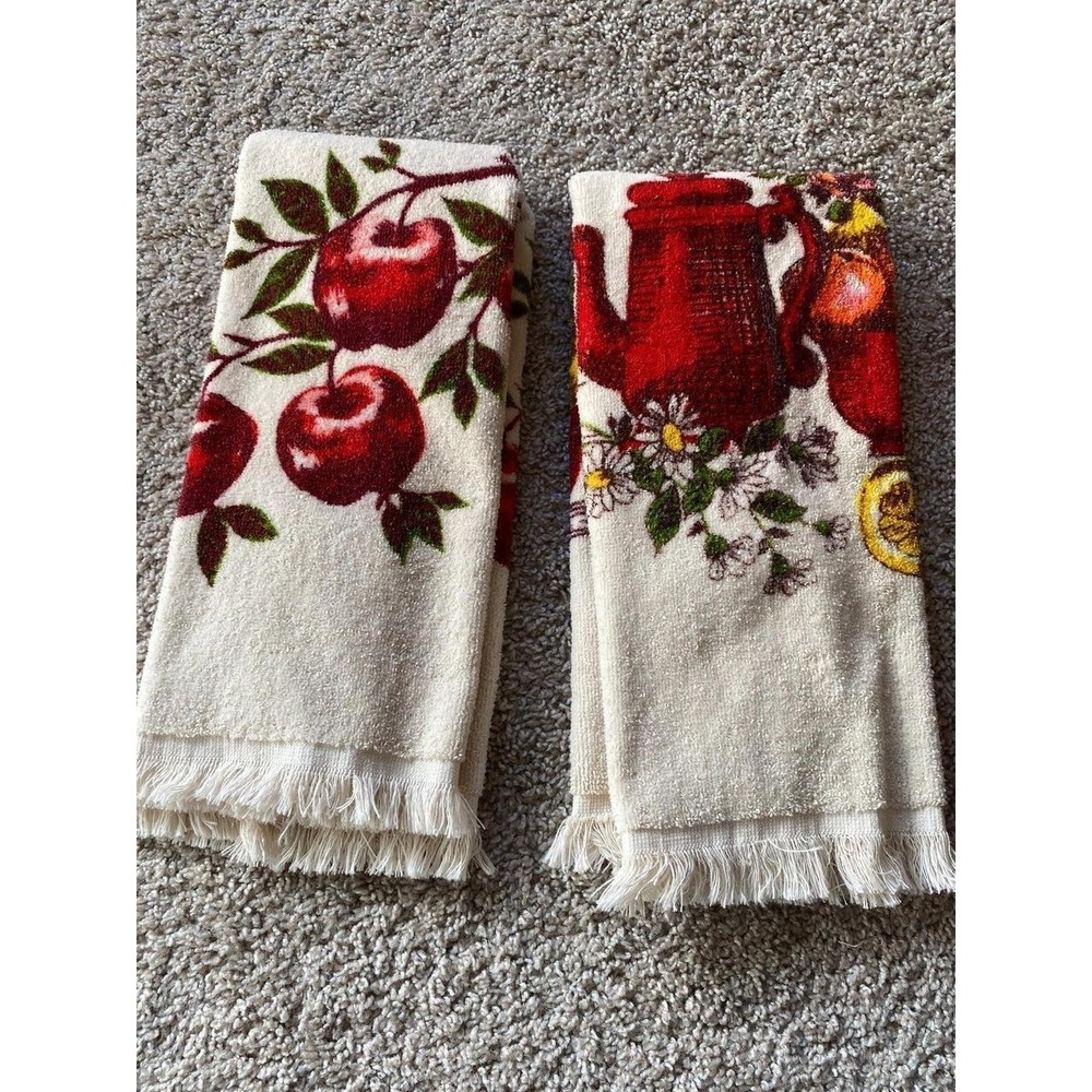 Vintage Towels Lot Of 2 Apples Coffee Pot Flowers Kitchen k4